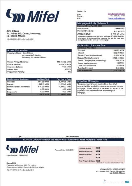 Download Mexico Banca Mifel mortgage statement Word and PDF template Photoshop template